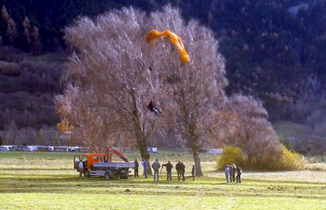 In Gampel blieb am Nachmittag ein Fallschirmpilot in einem Baum hängen.