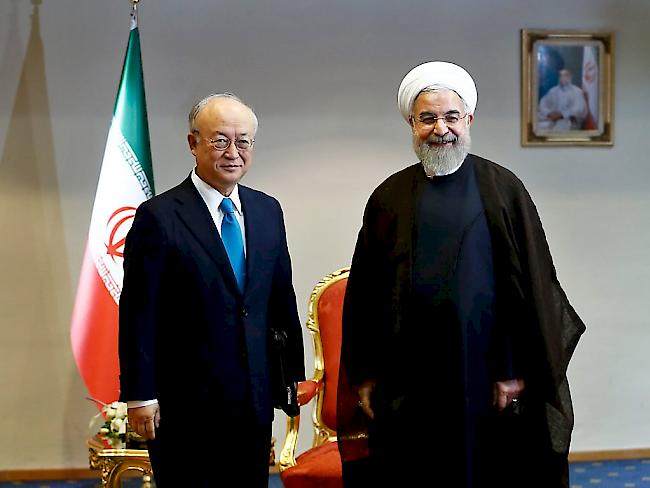 Verständnis, aber noch kein Durchbruch im Atomstreit: Yukiya Amano, Chef der Internationalen Atomenergiebehörde (links) mit dem iranischen Präsident Hassan Ruhani (rechts)