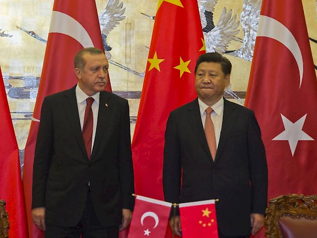 Geben sich trotz Spannungen versöhnlich: Der türkische Präsident Erdogan (links) und sein chinesischer Amtskollege Xi in Peking.