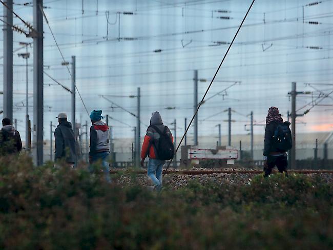 Flüchtlinge auf dem Weg zum Kanaltunnel in Calais