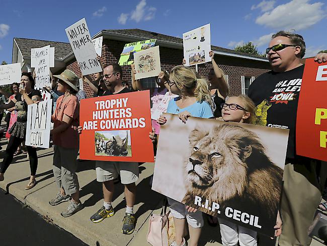 Proteste vor der Zahnarztpraxis des Jägers von Löwe Cecil: Eine verschärftes Gesetz soll nach dem Willen mehrere US-Senatoren die Trophäenjagd erschweren. (Archivbild)