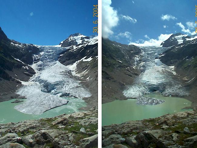 Die Gletscher schmelzen laut Experten schneller als je zuvor seit Messbeginn. Im Bild der Triftgletscher, links am 30. Juni 2004 und rechts am 30. Juni 2005 - er schmolz in dieser Zeitperiode um 216 Meter.