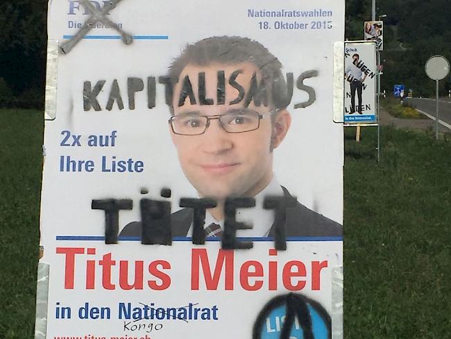 Plakate von Kandidatinnen und Kandidaten werden vor den Wahlen immer wieder verunstaltet - so auch das Plakat von Titus Meier aus dem Aargau.