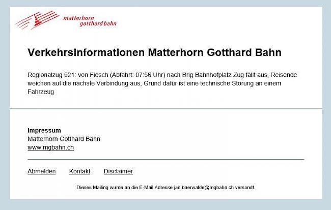 Die Matterhorn Gotthard Bahn informiert ihre Kunden nun per Newsletter über die aktuelle Verkehrslage.