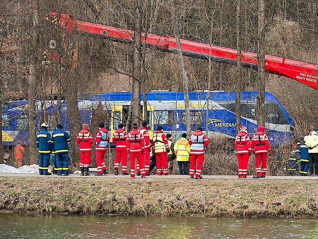 Ein Spezialkran wurde herbeigeschafft, um die in Bayern verunglückten Züge zu bergen.