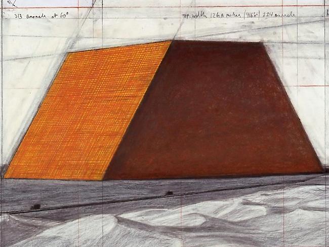 Ausschnitt aus einer Skizze mit der Mastaba, die im Rahmen der Schau "Christo & Jeanne-Claude: Works in Progress" in der Galerie Gmurzynska in St. Moritz zu sehen ist (z.V.g.)