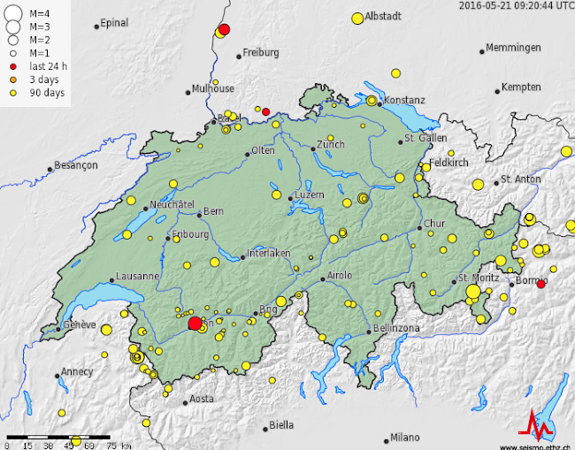 Aktuelle Karte mit registrierten Erdbeben in der Schweiz.