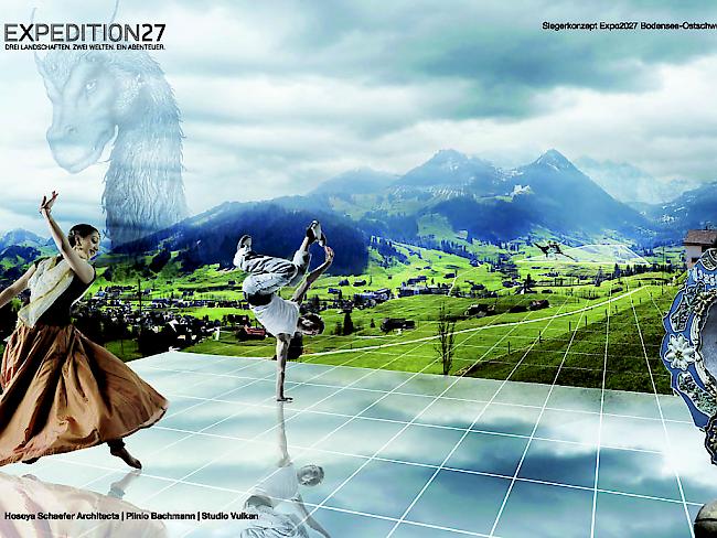 Impressionen aus dem Siegerkonzept "Expedition27" des Teams um den Zürcher Architekten Markus Schäf für die Expo2027 im Raum Bodensee-Ostschweiz. (Archivbild)