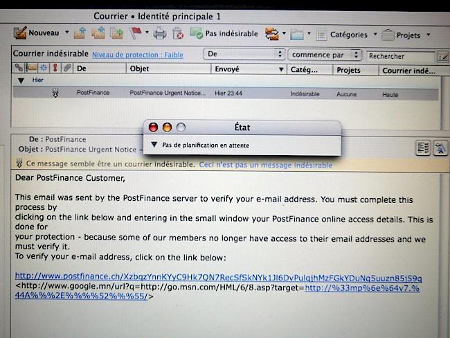 Ein Phishing-Mail, das Postfinance-Kunden dazu verleiten soll, einen Link anzuklicken. (Symbolbild)