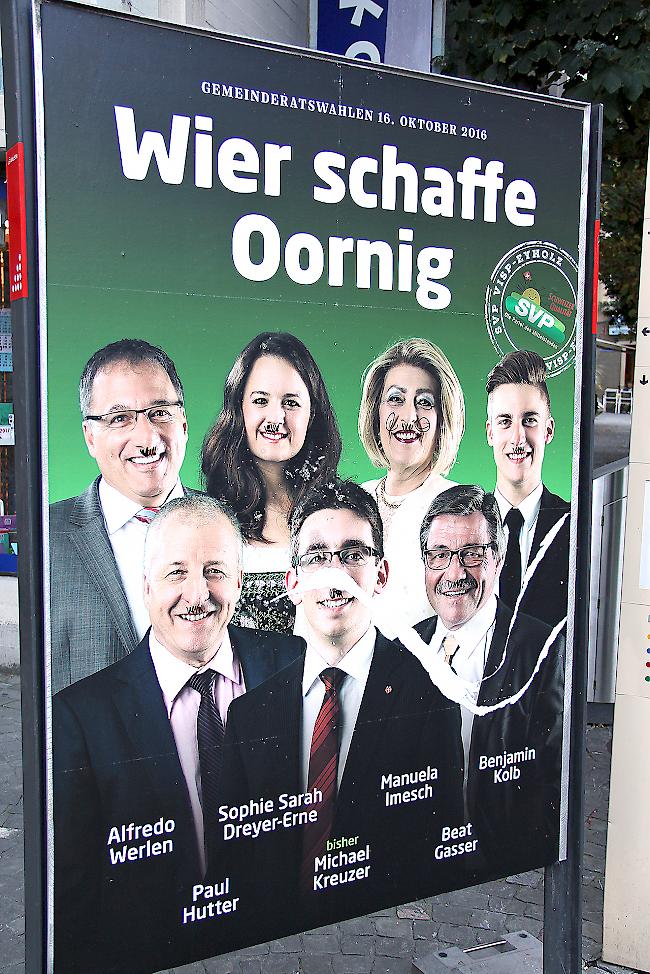 Ein Plakat mit den Kandidaten der Visper SVP wurde in der Lonzastadt verschmiert.