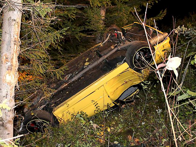 Das Auto wurde beim Sturz in einen bewaldeten Abhang total demoliert. Die vier Insassen konnten sich selber aus dem Wrack befreien.