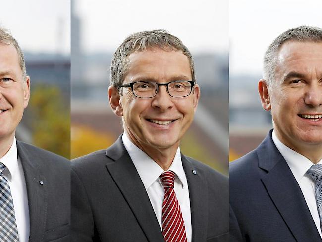 Sie können gut lachen: Die drei bisherigen Regierungsräte Stephan Attiger (FDP), Urs Hofmann (SP) und Alex Hürzeler (SVP) schaffen gemäss Zwischenergebnis die Wiederwahl im ersten Anlauf.