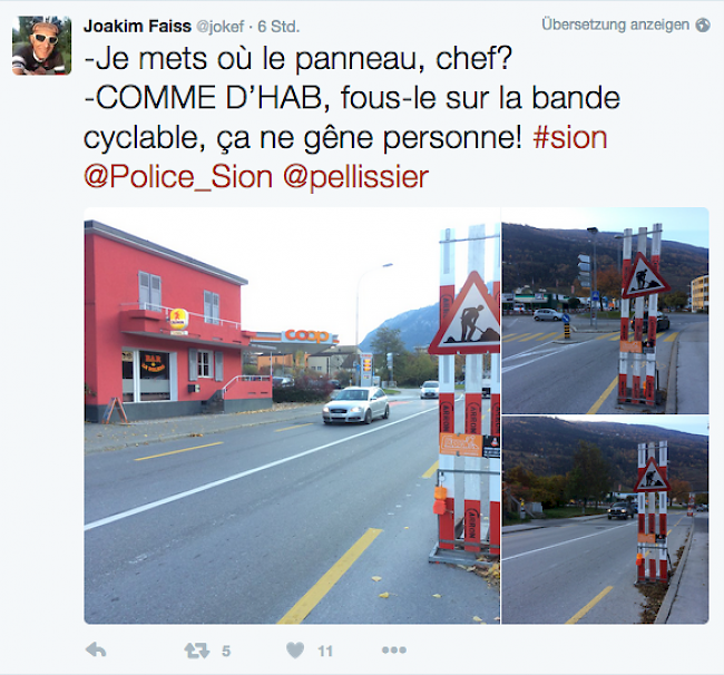 «Chef wo soll ich die Schilder hinstellen? – Wie immer auf den Fahrradstreifen, da stören sie niemand», schrieb Faiss zu seinem Tweet.