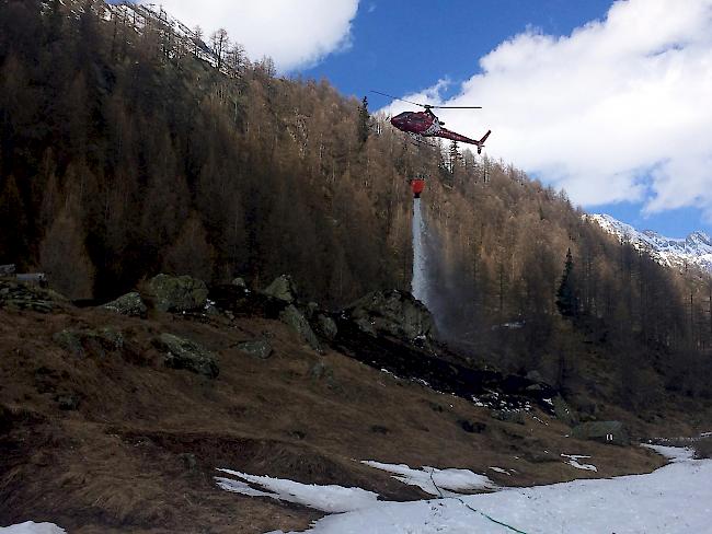 Helikopter im Einsatz. Ein Übergreifen auf den nahe liegenden Wald konnte verhindert werden.