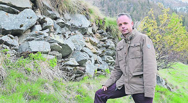 Der Täscher Gemeindepräsident Mario Fuchs sorgt sich um die verwahrlosten Trockensteinmauern am Täschberg.