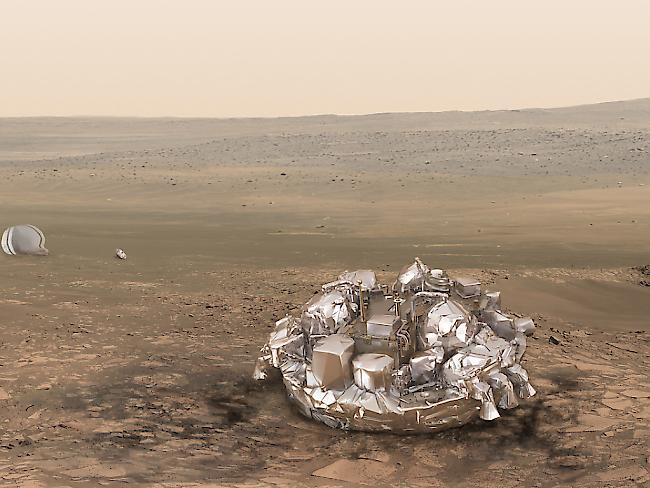 So hätte die Sonde "Schiaparelli" nach erfolgreicher Landung aussehen sollen - stattdessen donnerte sie mit mehr als 500 Stundenkilometern auf die Marsoberfläche. Wieso dies geschah, haben Wissenschaftler nun herausgefunden.
