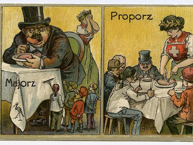 Mit dieser Postkarte warb 1910 das "Schweizerische Agitations-Comité für den Nationalrats-Proporz" - vorerst vergeblich.