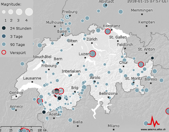 Alle registrierten Erdbeben in der Schweiz und im grenznahen Ausland in den letzten 90 Tagen.