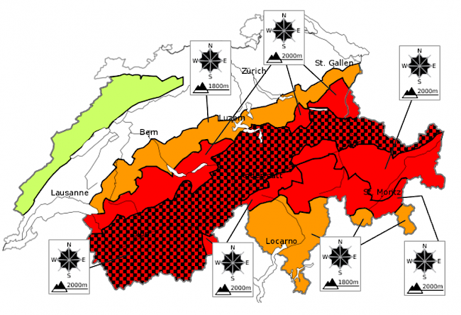 In weiten Teilen des Wallis bleibt die Lawinengefahr sehr gross (schwarze Punkte auf roter Fläche).