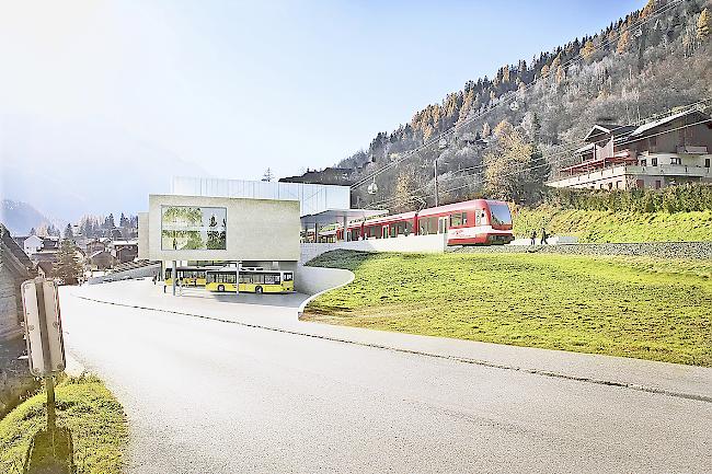 Der neue Fiescher Bahnhof mit integrierter Gondelbahn auf die Fiescheralp.
