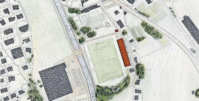 Der neue Garderobentrakt mit Buvette (rot) liegt auf der Platzlängsseite, die bestehende Zuschauertribüne wird überdacht.Plan / Visualisierung zvg