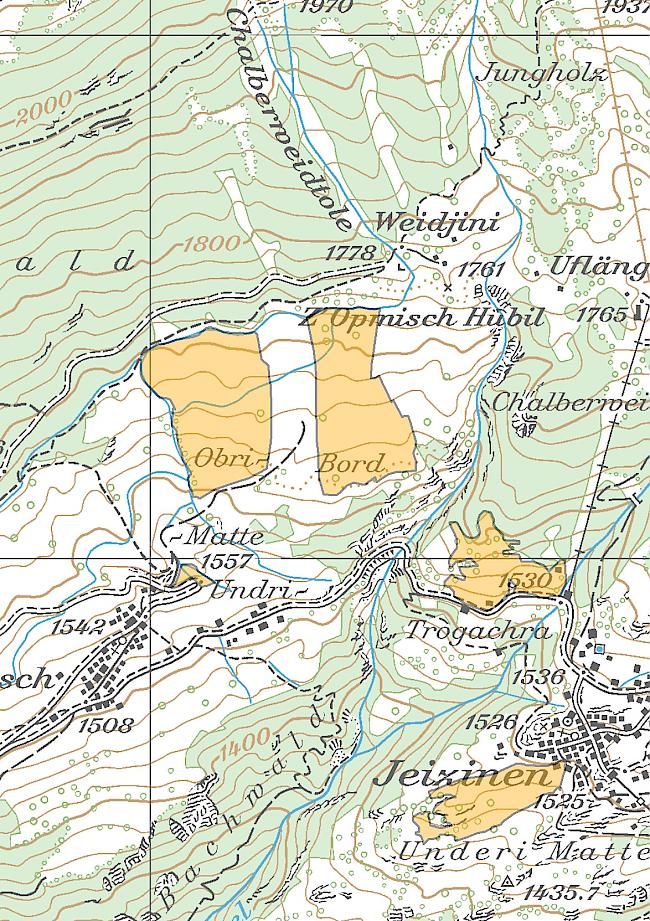 Landschaftssensible Bauzone (orange) in der Gemeinde Gampel-Bratsch VS, Ortsteil Jeizinen: Kein Siedlungszusammenhang. Ferienhauszonen (Obri-Bord) mit Quartierplanpflicht, Bedarf muss aufgrund der Zweitwohnungsgesetzgebung in Frage gestellt werden.