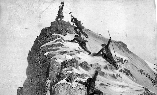 Die Ankunft der Erstbesteiger auf dem Matterhorn, wie sie der Maler Gustave Doré sieht.