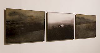 Nicolas Witschi, An die Scholle gebunden (2015), Triptychon, 230cm x 56cm, aus Steinen selbst hergestelltes Pigment, Fotografie (Emil Sch&auml;rer 1859-1935), Harz, Holz