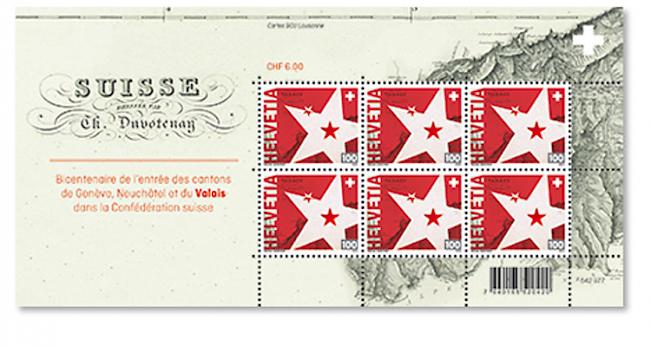 Sonderbriefmarke «200 Jahre in der Eidgenossenschaft»: Kleinbogen «Wallis» mit 6 Marken.