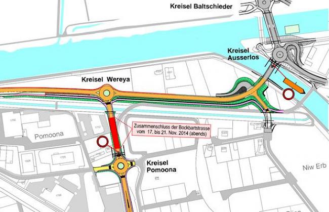 Die Sperrung betrifft den Abschnitt zwischen dem Pomona-Kreisel und der neuen Brücke über die Vispa.