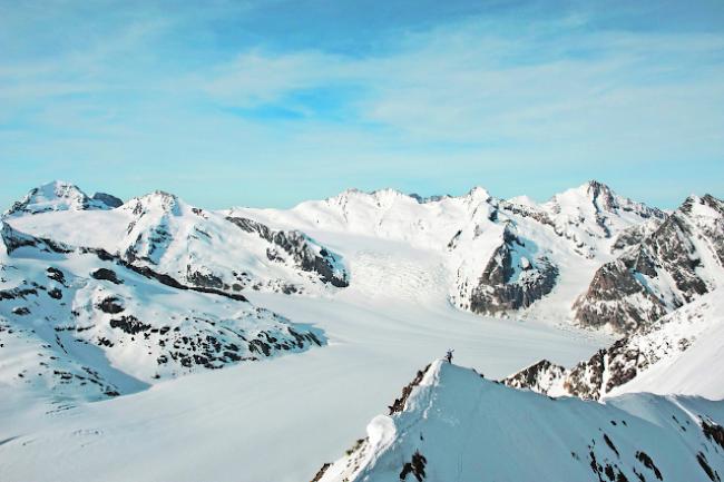 Blick auf den Aletschgletscher. Links der Mönch und rechts das Finsteraarhorn.