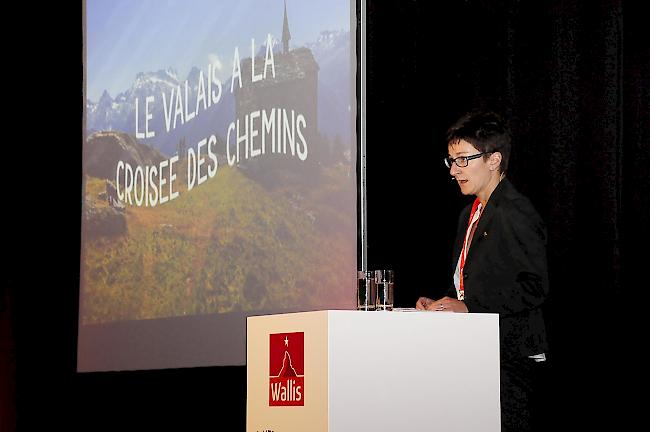 Karin Perraudin, Präsidentin von Valais/Wallis Promotion, an der GV im Zentrum Sosta in Susten