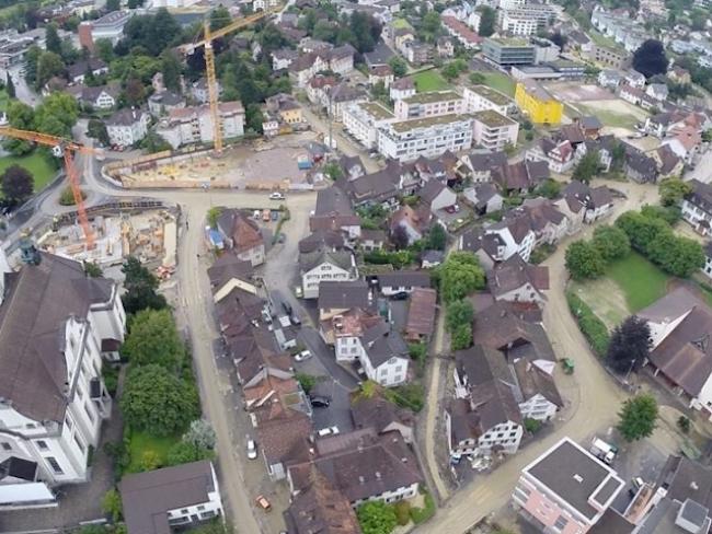 Luftaufnahme der Überschwemmungen in Altstätten