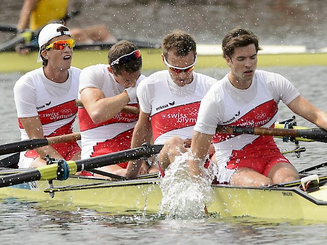 Der leichte Vierer der Schweiz mit Simon Schürch, Lucas Tramèr, Simon Niepmann und Mario Gyr, hier an den Olympischen Spielen 2014, steht in Polen im EM-Final