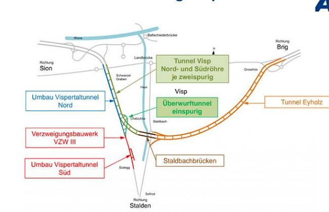 Übersichtsplan der Bauwerke A9-Südumfahrung Visp. Der Tunnel Visp ist grün markiert. Zurzeit wird an der Ausweitung des Sondierstollens gearbeitet (dunkelgrün). 