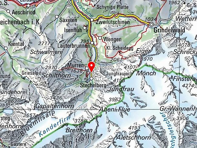 Das Helikopter-Unglück ereignete sich in der Nähe von Lauterbrunnen. Die Unglücksstelle dürfte über Stechelberg liegen. (Bild: Swisstopo)