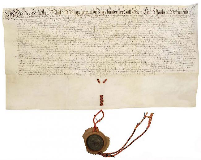 Erneuerung des Bündnisses von 1475 zwischen dem Wallis und Bern. Bern, 31. Mai 1602. (Staatsarchiv Wallis, AV 44/1)
