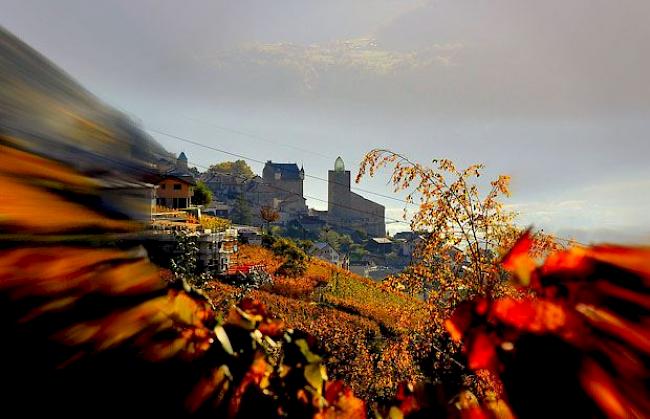 «Herbstlicher Blick auf das Schloss von Leuk»