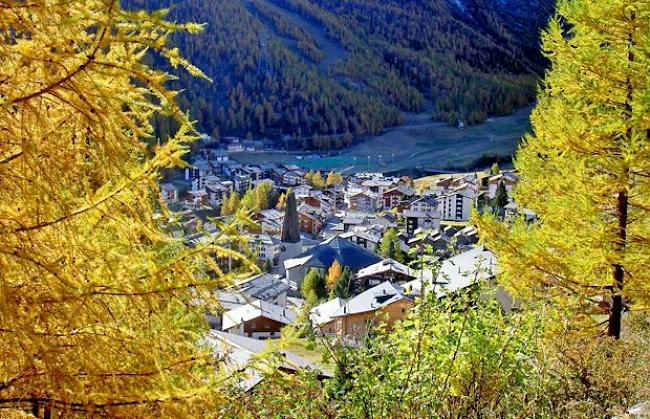 «Das Dorf Saas-Fee vom goldenen Herbst umrahmt.»