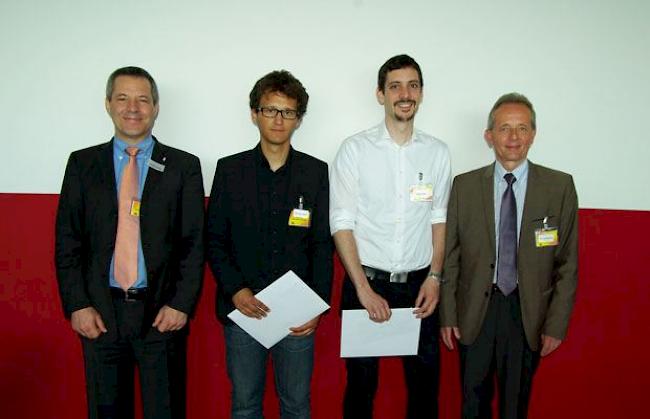 Der Preisträger Valentin Jossen (2. von links) von der ZHAW in Wädenswil mit (von links nach rechts): SGVC-Sekretär Dr. Laurent Zuber, dem zweiten Preisträger Tobias Keller und SGVC-Präsident Dr. Kurt Leimbacher.