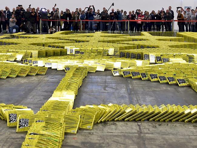 Guinness-Bücher für das Guinness-Buch: Der Weltrekord im Bücher-Domino wurde auf der Frankfurter Buchmesse gebrochen.