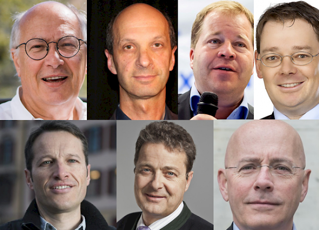 Die Ständerratskandidaten 2015 (oben, v. l.): Thomas Burgener (SP), Beat Rieder (CVP), Pierre-Alain Grichting (FDP), Franz Ruppen (SVP); unten von links: Christophe Clivaz (Grüne), Jean-René Fournier (CVP), Robert Métrailler (Centre Gauche - CSP). (Fotos keystone / zvg)