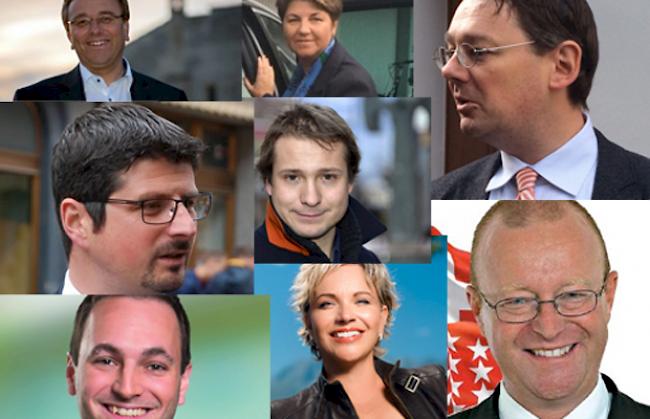 Sieger Nationalratswahlen 2015: Roberto Schmidt, Viola Amherd, Franz Ruppen, Yannick Buttet, Philippe Nantermod, Mathias Reynard, Géraldine Marchand-Balet und Jean-Luc Addor.