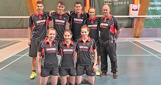 BC Olympica-Brig (hinten v.l.): Cyrill Hohl, Yoann Freysinger, Marco Fux, Michael Andrey, Ivan K&uuml;rzinger; (vorne v.l.) Samanta Grossen, Laura Blumenthal, Salome J&ouml;ster.