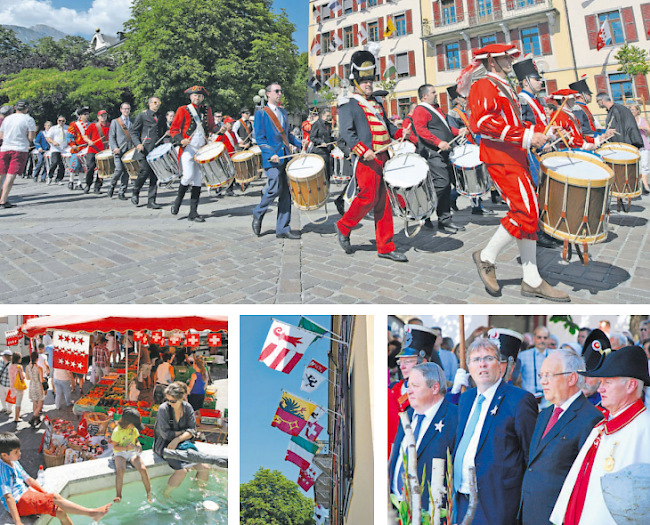 7. August: Die Kantonshauptstadt in Geburtstagslaune. Walliser Trommler auf der Planta, kühlendes Fussbad gegen die tropische Hitze auf dem Markt in der Altstadt, das mit den Kantonsbannern geschmückte Regierungsgebäude sowie drei der Festredner: Sittens Stadtpräsident Marcel Maurer, Jubiläumsfest-Ausschusspräsident Jean-Michel Cina und Bundesrat Johann Schneider-Ammann (von links).