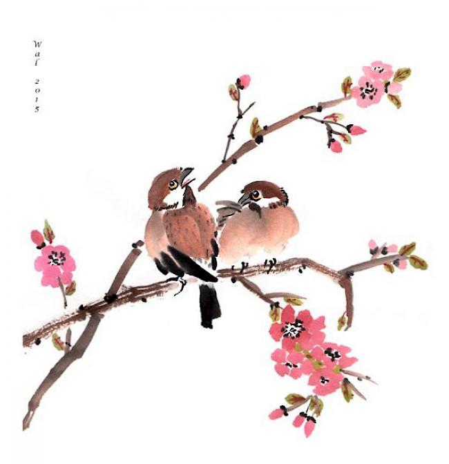 «Chinesische Malerei auf Reispapier - ebenfalls ein Hobby von mir. Das Bild heisst: Spatzen im Frühling.»