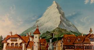 Illustration des nicht realisierten Schweizer Pavillons samt Matterhorn.