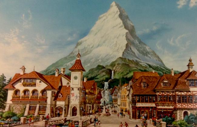 Illustration des nicht realisierten Schweizer Pavillons samt Matterhorn.