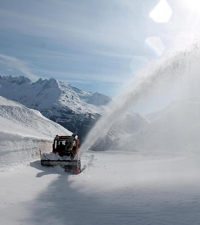 Kraftvoll. Eine Schneefräse frisst sich unterhalb Grimselpasshöhe durch die meterhohen Schneemassen. 