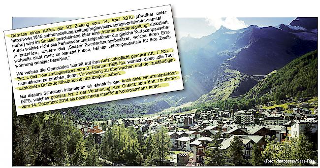 Im Saastal (Bild: Saas-Fee) bezahlen neu alle Zweitwohnungsbesitzer gleich viel Kurtaxe. Der Grund: dieser Brief aus Sitten. (kl. Bild)